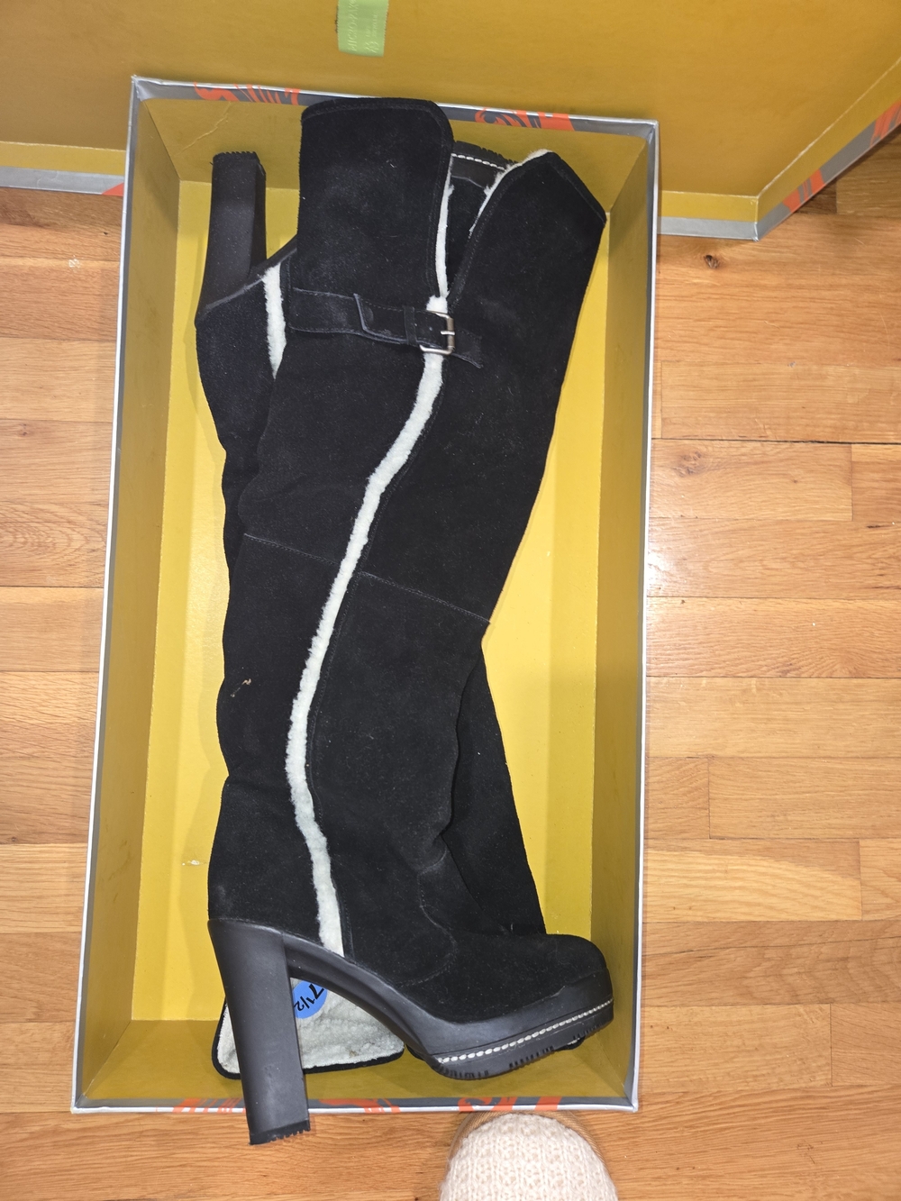 Kelsi Dagger Black Suede Over-the-Knee Boots with White Shearling Trim